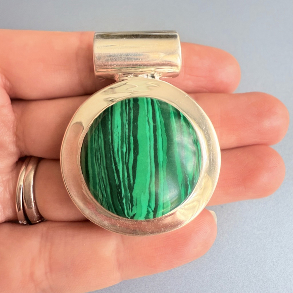 Large 44.89 CT Malachite Sterling Silver 925 Enhancer 1.75" Slide Pendant - Picture 6 of 7